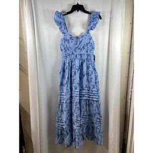 Max + Ash Blue Floral Ruffle Tiered Smocked Midi Dress 3WGGF2116 Medium NEW